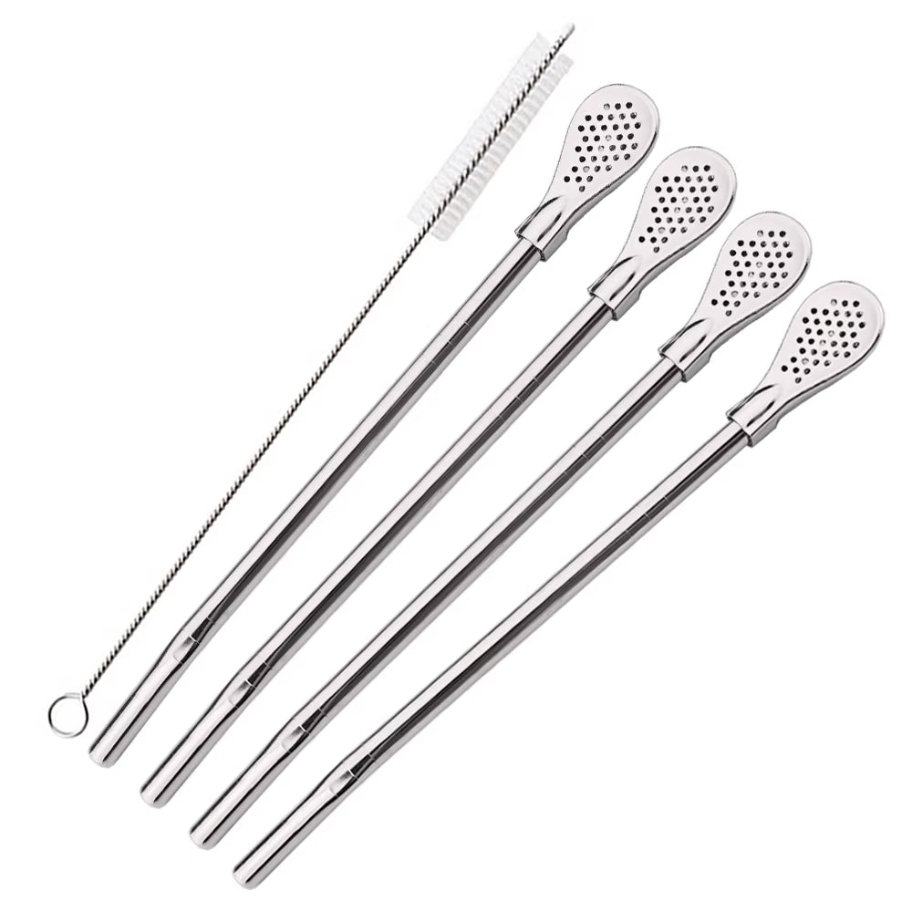 5Pcs/Set Silver Stainless Steel Drinking Straws Washable Reusable Yerba Mate Spoon Filter Straw for Cocktail Bar Accessories