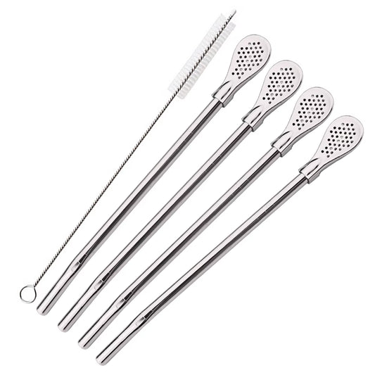 5Pcs/Set Silver Stainless Steel Drinking Straws Washable Reusable Yerba Mate Spoon Filter Straw for Cocktail Bar Accessories