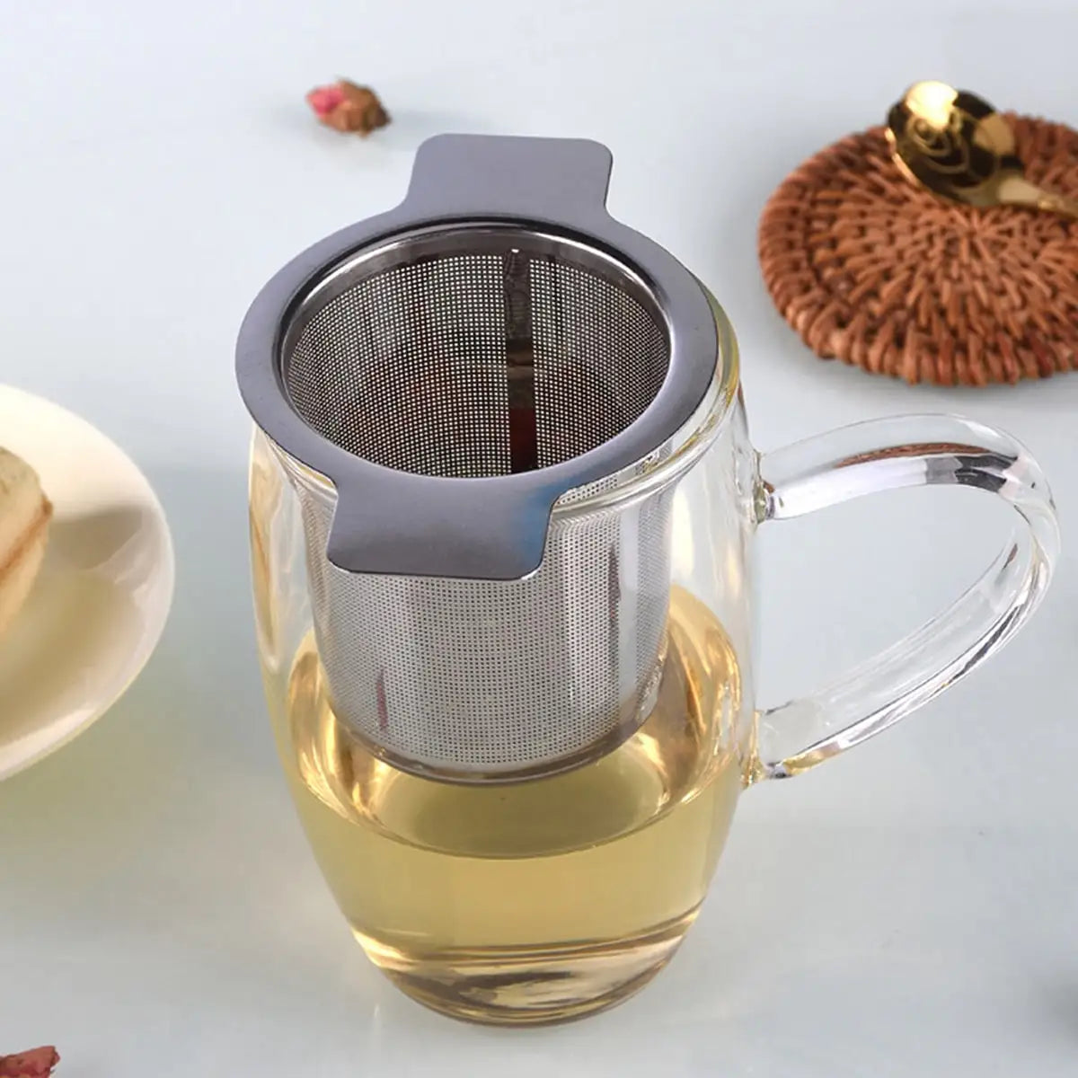 1Pc Double Handles Tea Infuser with Lid Stainless Steel Fine Mesh Coffee Filter Teapot Cup Hanging Loose Leaf Tea Strainer
