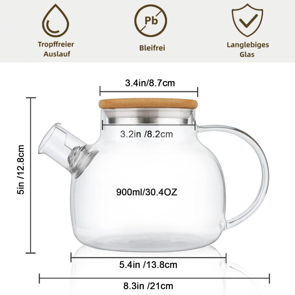 Cnglass 900Ml/30,4Oz Teekanne Glas Herdplattensicher Mit 100Ml/3,4Oz (4Er-Pack) Doppelwandige Teegläser, Glasteekanne Geschenkset Für Lose Blätter Und Blühenden Tee