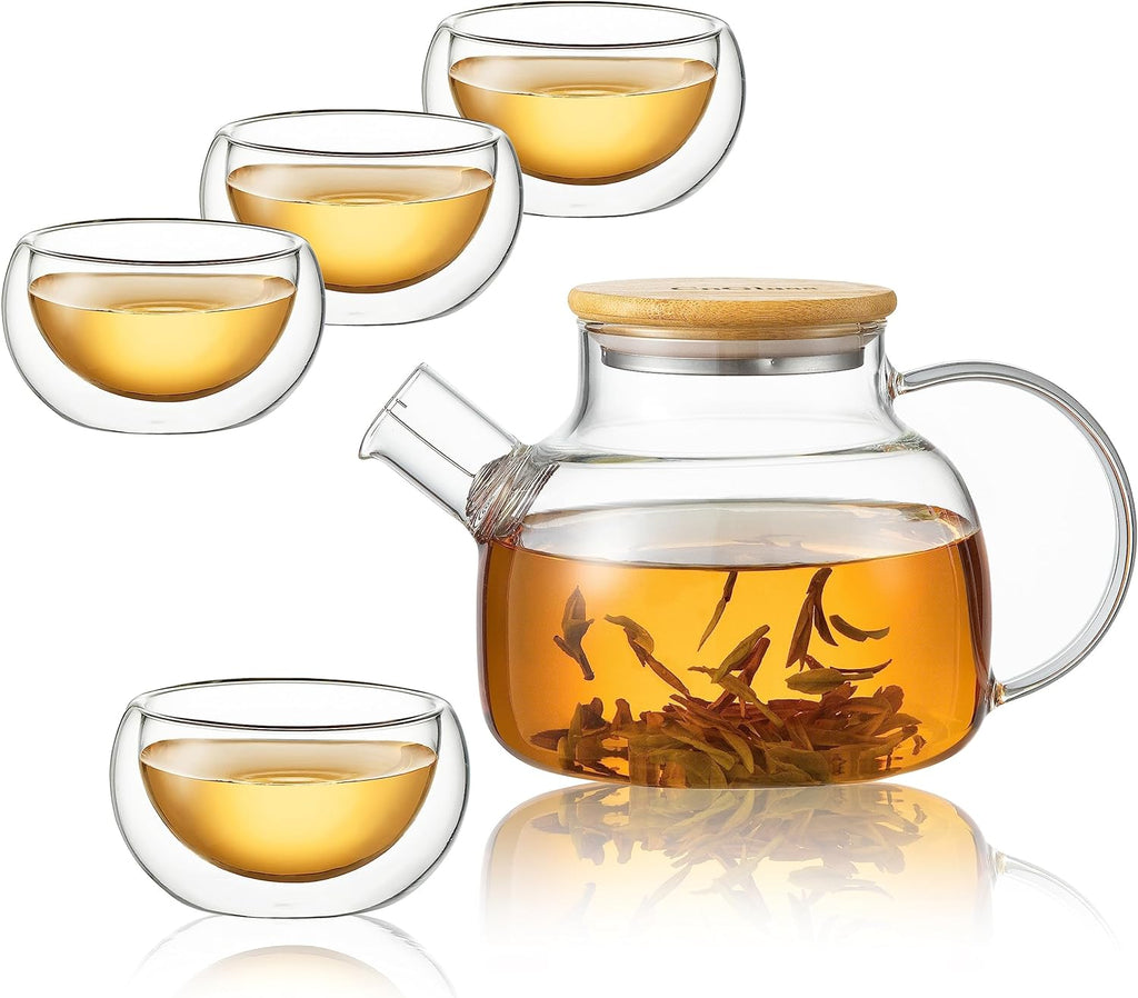 Cnglass 900Ml/30,4Oz Teekanne Glas Herdplattensicher Mit 100Ml/3,4Oz (4Er-Pack) Doppelwandige Teegläser, Glasteekanne Geschenkset Für Lose Blätter Und Blühenden Tee