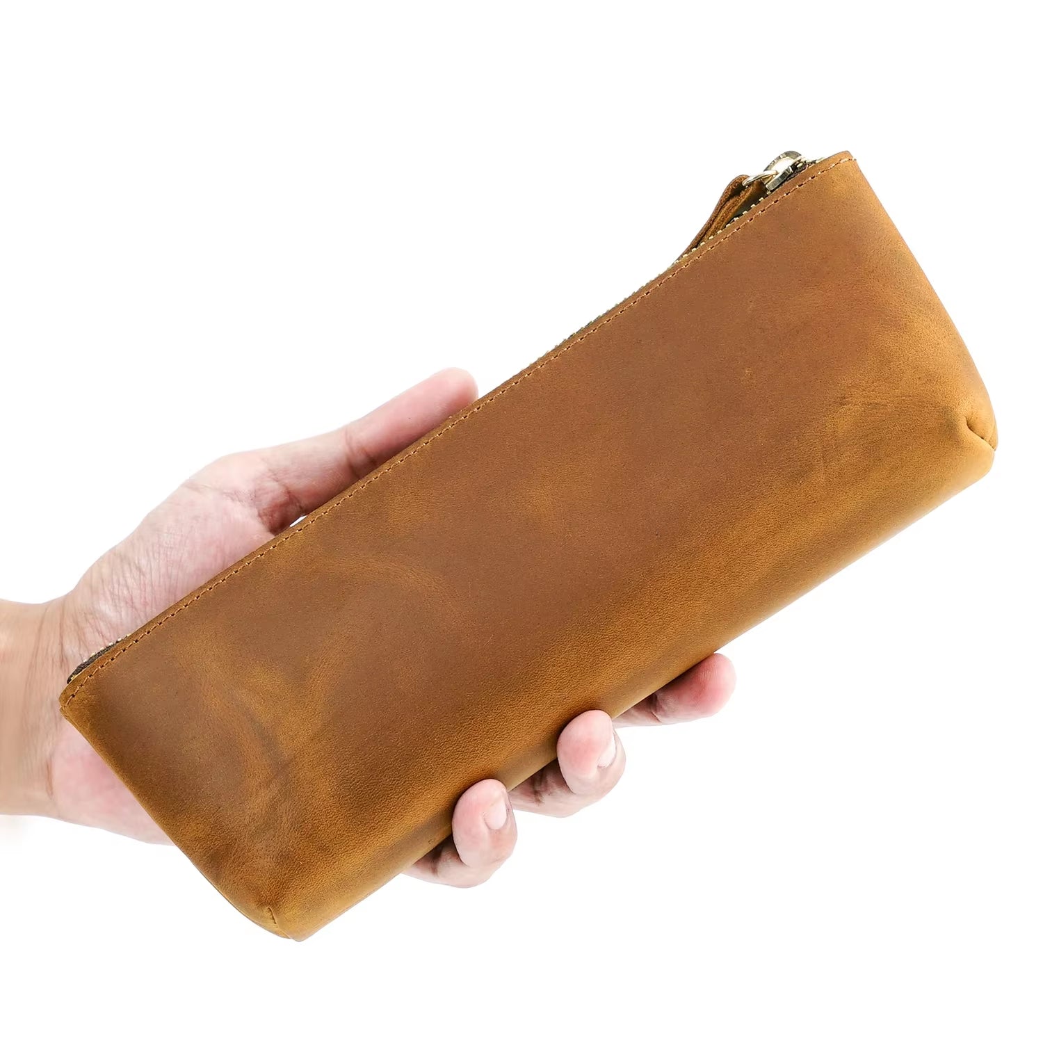 Genuine Leather Zipper Pencil Case for Notebooks and Journals, Large-Capacity Roller Ball Pen Bag for School Office and Travel