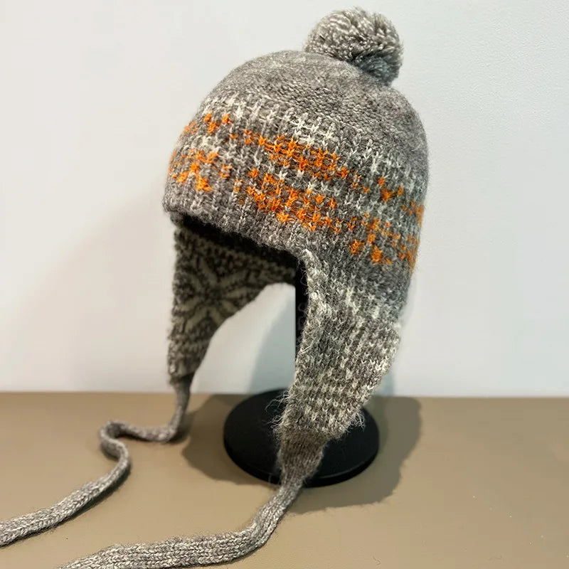 Korean Mixed Color Handmade Knitted Bomber Hat Women Autumn Winter Ski Cycling Ear Protection Ethnic Style Warm Wool Beanie Hat