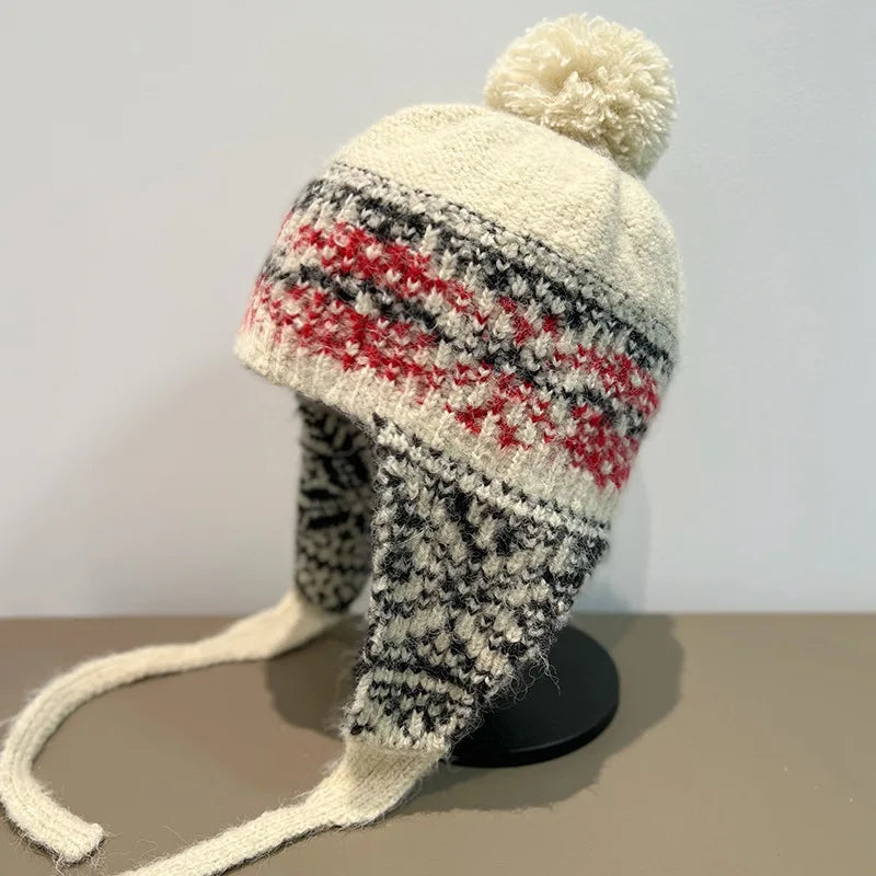 Korean Mixed Color Handmade Knitted Bomber Hat Women Autumn Winter Ski Cycling Ear Protection Ethnic Style Warm Wool Beanie Hat