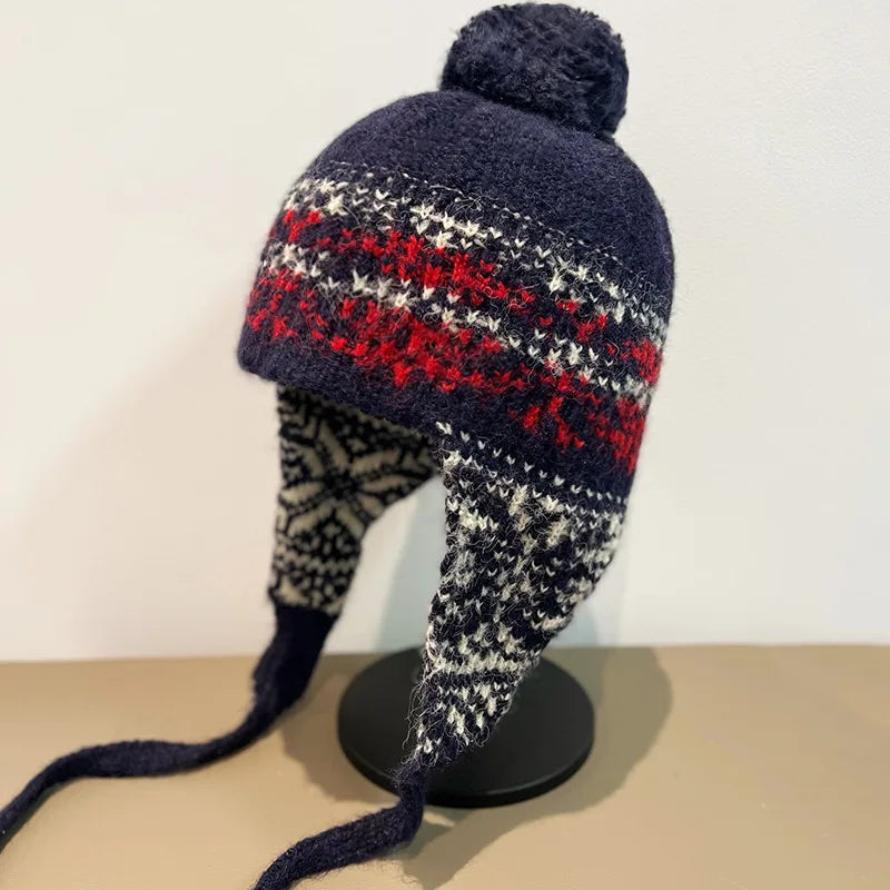 Korean Mixed Color Handmade Knitted Bomber Hat Women Autumn Winter Ski Cycling Ear Protection Ethnic Style Warm Wool Beanie Hat