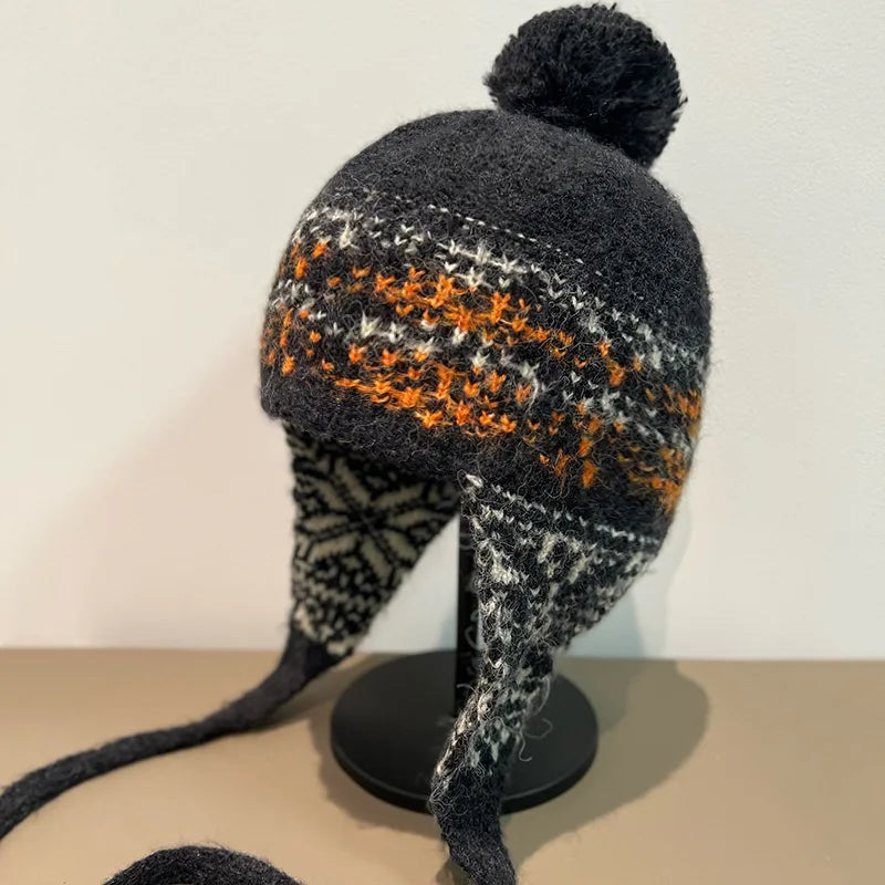 Korean Mixed Color Handmade Knitted Bomber Hat Women Autumn Winter Ski Cycling Ear Protection Ethnic Style Warm Wool Beanie Hat