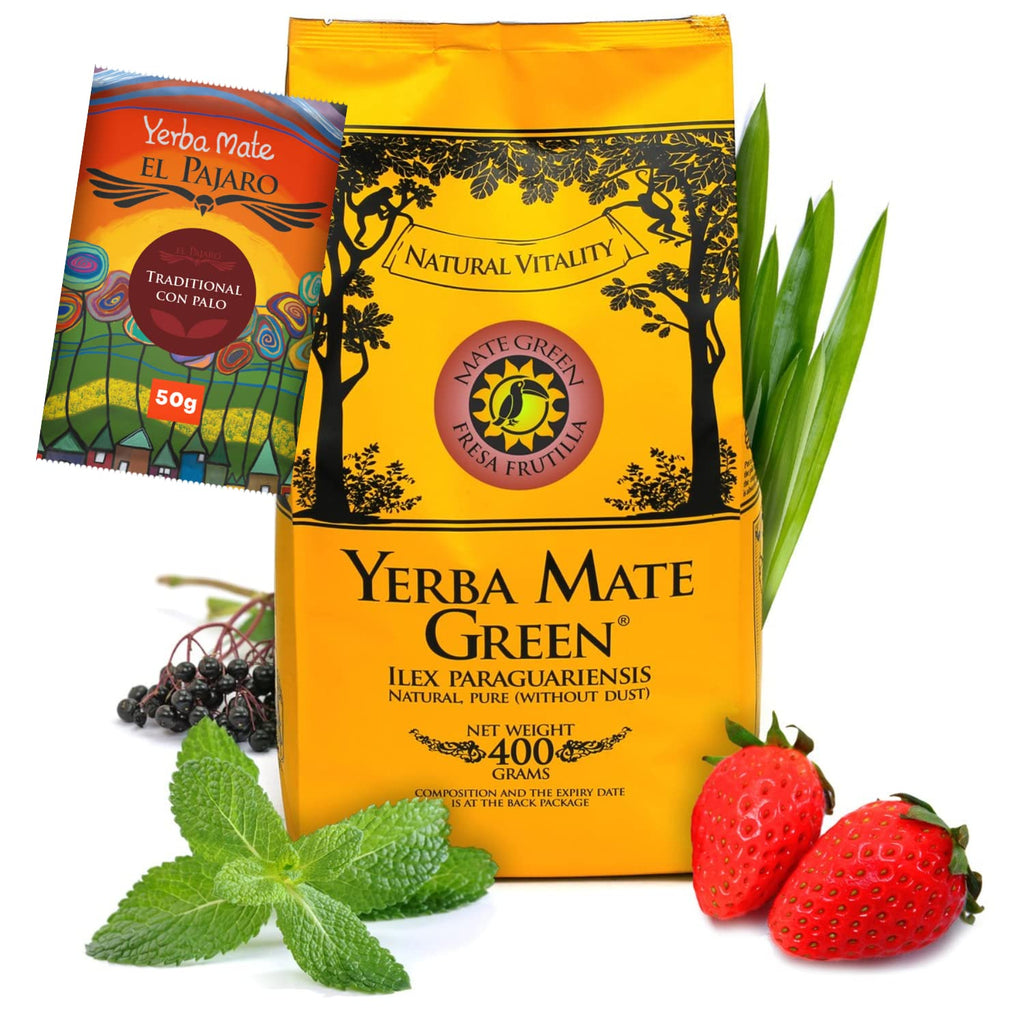 Yerba  'Fresa Frutilla' 400G | Brasilianischer Mate-Tee Mit Erdbeerfrüchten, Minze, Zitronengras Und Holunderfrüchten | Natürliche Zutaten | Lose Grüne Mateblätter | 50G El Pajaro