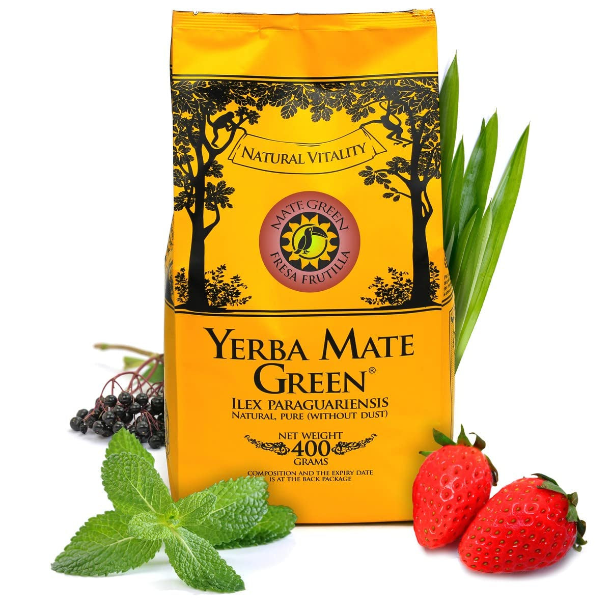 Yerba  'Fresa Frutilla' 400G | Brasilianischer Mate-Tee Mit Erdbeerfrüchten, Minze, Zitronengras Und Holunderfrüchten | Natürliche Zutaten | Lose Grüne Mateblätter | 50G El Pajaro